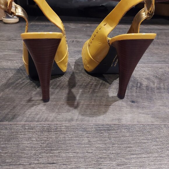 Chinese Laundry Yellow Patent Leather Slingback Brown Heels Pickstitch Size 7 - Picture 6 of 12